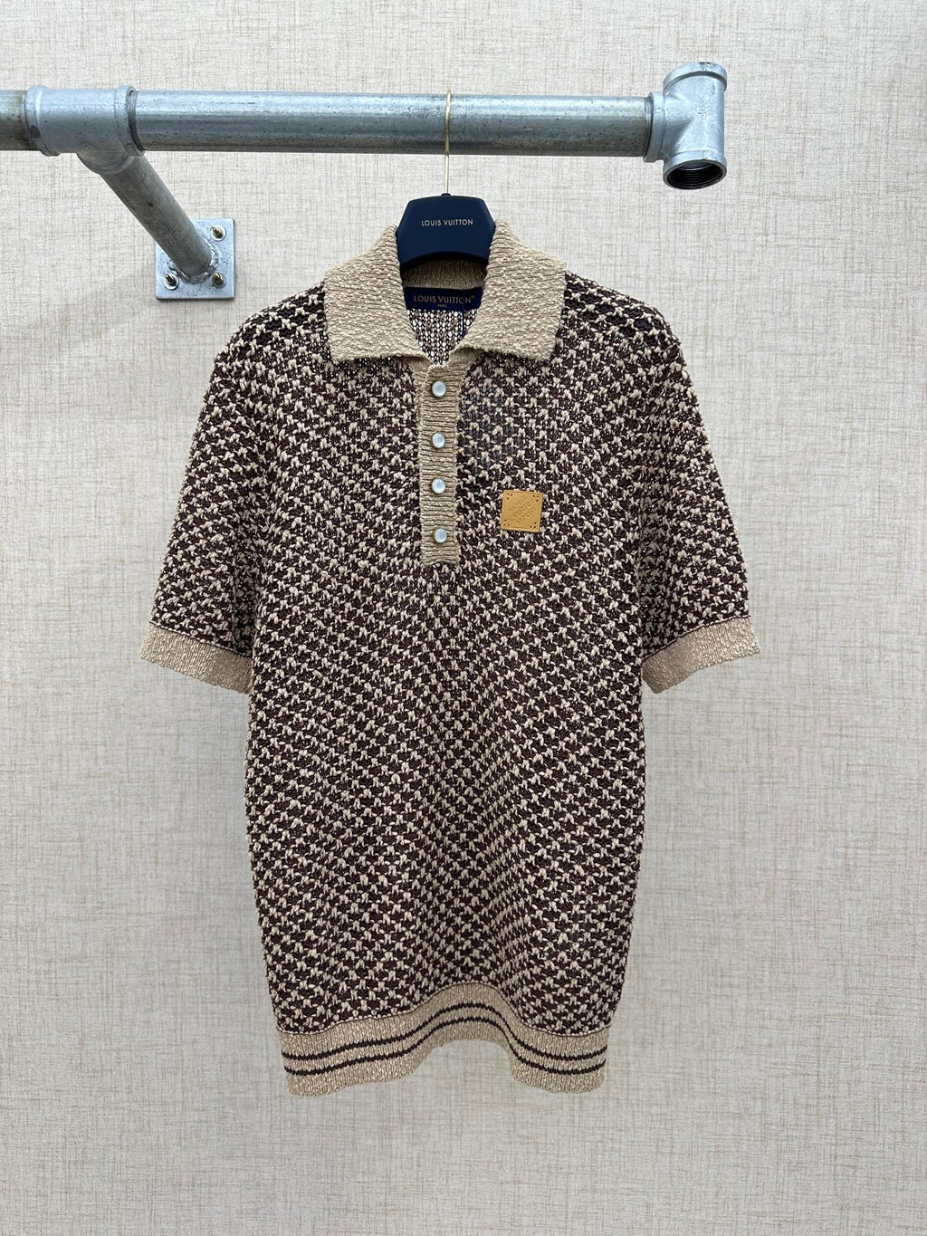 Louis Vuitton knit polo shirt, brown and cream houndstooth with striped hem