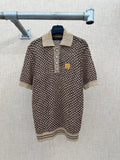 Louis Vuitton knit polo shirt, brown and cream houndstooth with striped hem