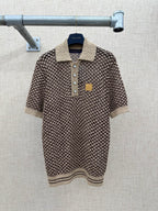 Louis Vuitton knit polo shirt, brown and cream houndstooth with striped hem