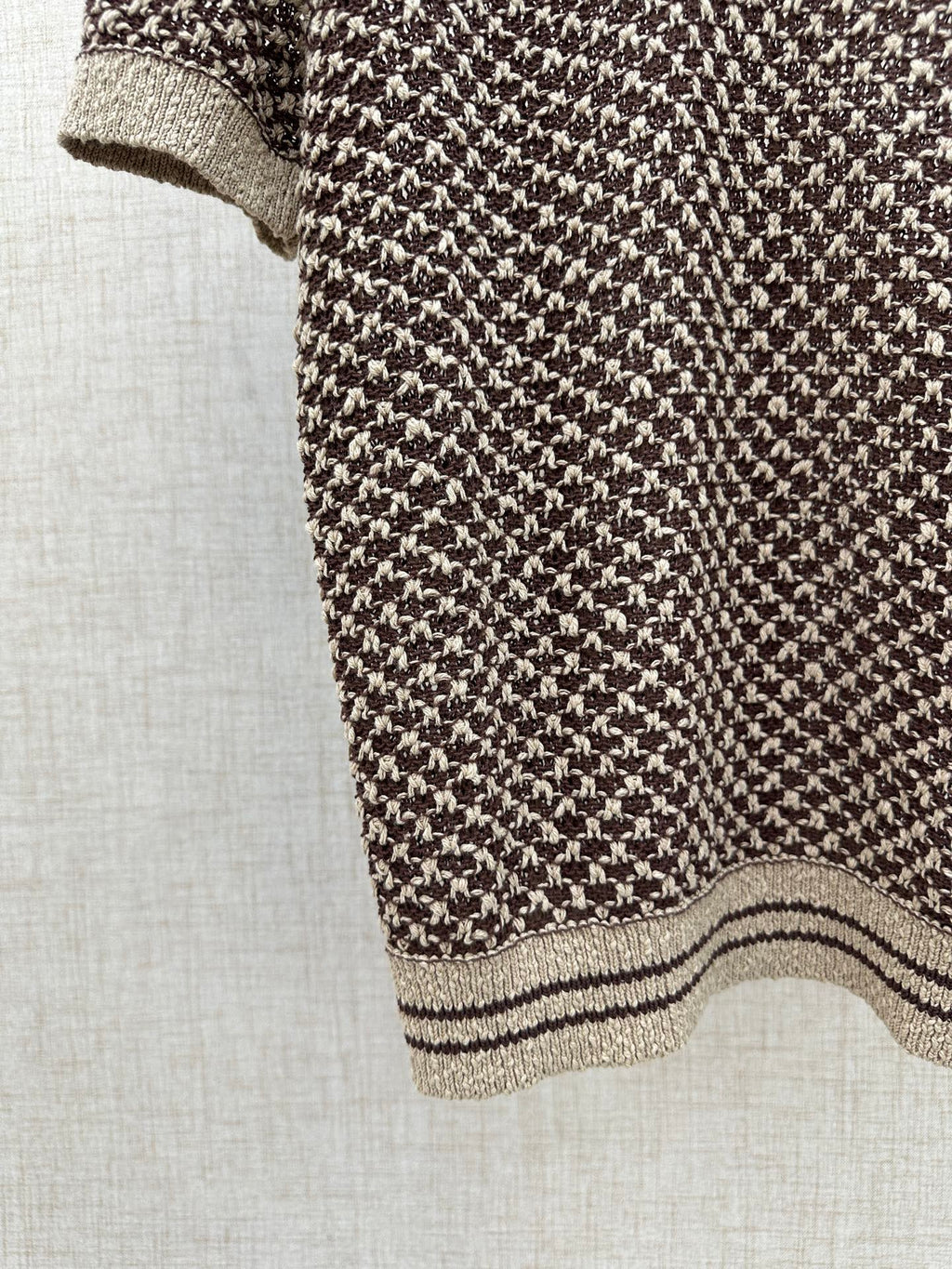 Louis Vuitton knit polo sleeve and striped hem cuff in brown and cream houndstooth