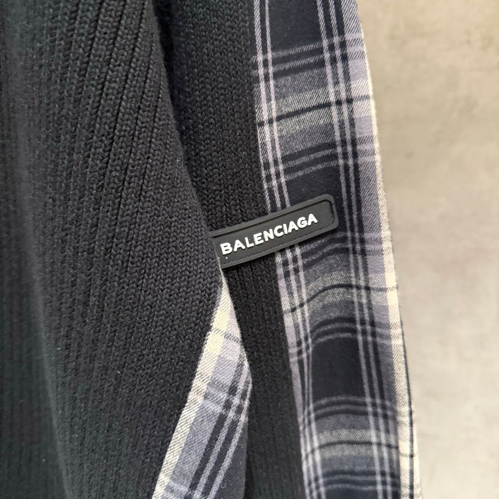 Balenciaga long-sleeve sweater sleeve patch, plaid cuff with Balenciaga tag