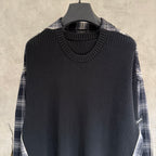 Balenciaga long-sleeve sweater, black ribbed knit with plaid shoulder detail