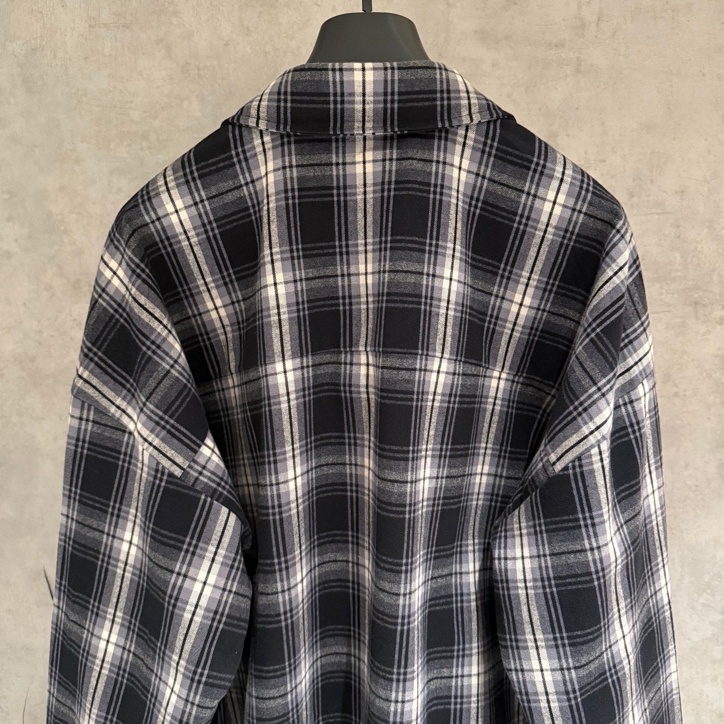 Balenciaga long-sleeve sweater, plaid back view with ribbed hem and cuffs