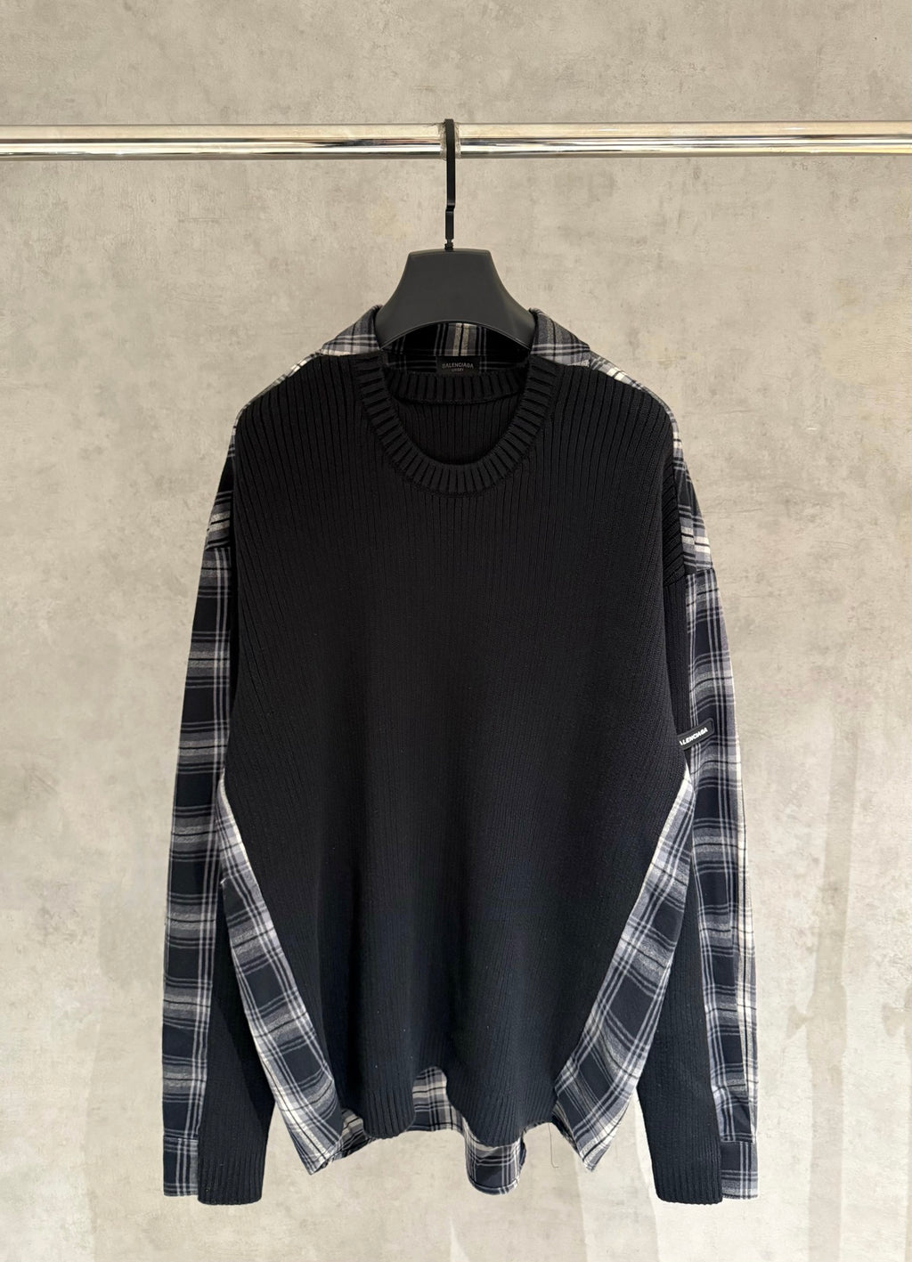 Balenciaga long-sleeve sweater, black knit front with plaid sleeves, crew neck