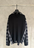Balenciaga long-sleeve sweater, black knit front with plaid sleeves, crew neck