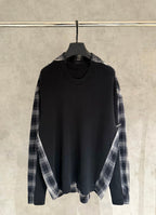 Balenciaga long-sleeve sweater, black knit front with plaid sleeves, crew neck