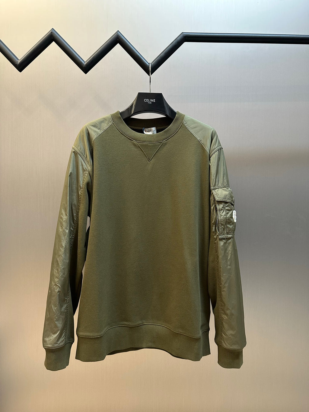 Moncler crew-neck long-sleeve sweatshirt, olive green with ribbed cuffs