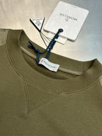 Moncler olive green crew-neck sweatshirt with ribbed collar and blue logo tag