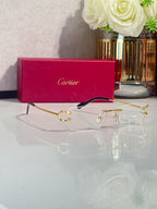 Gold-tone eyeglasses with black accents and clear lenses