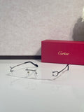 Cartier eyeglasses with silver-tone metal rims, blue temple tips, clear lenses