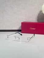 Silver-tone eyeglasses with blue temples and thin metal rims, clear lenses