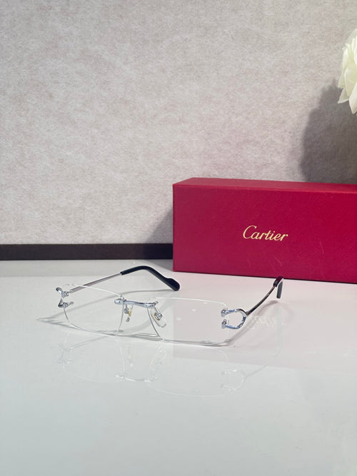 Silver-tone eyeglasses with blue temples and thin metal rims, clear lenses