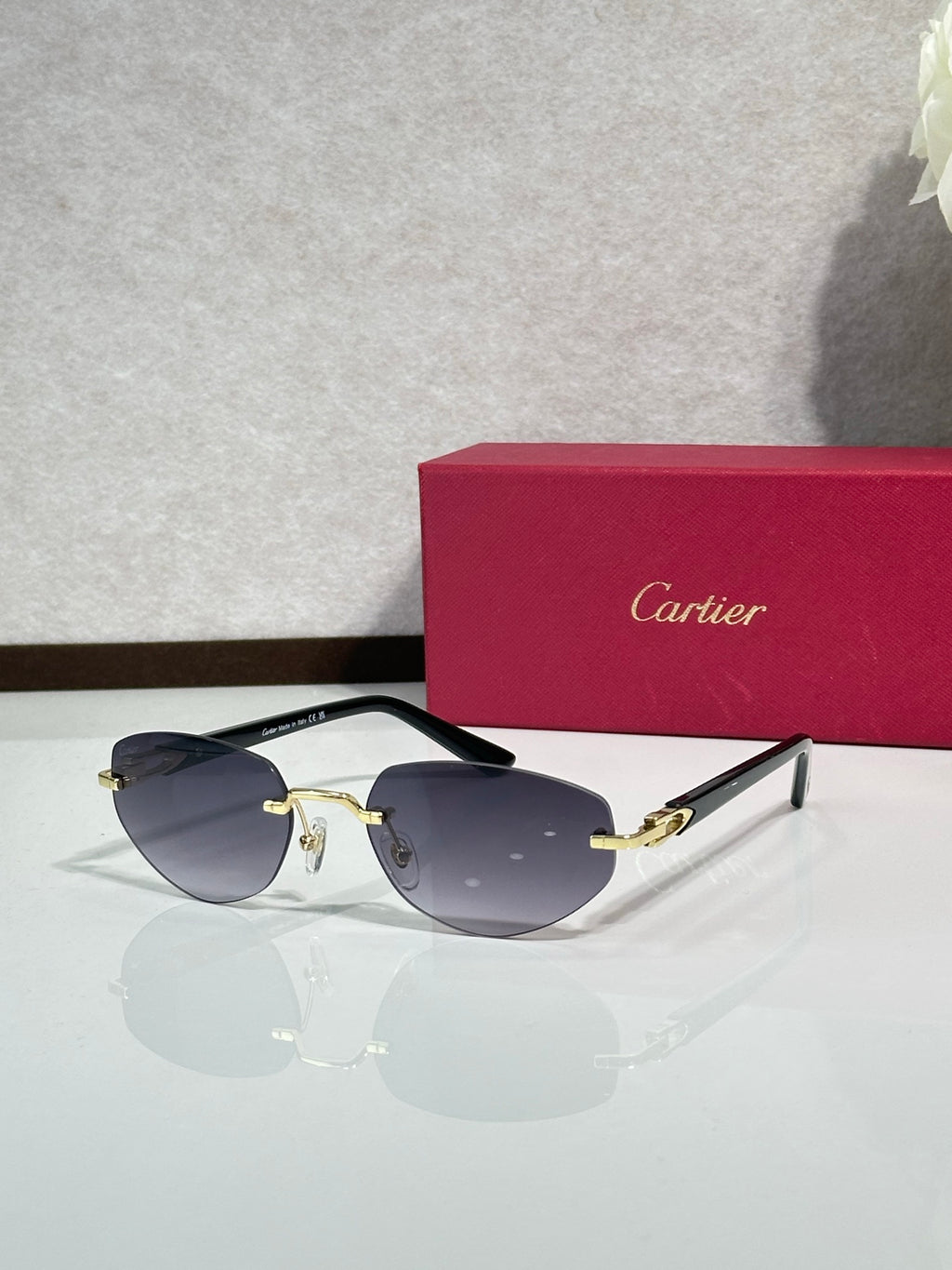Cartier sunglasses with dark frame, gold accents, and smoky blue lenses