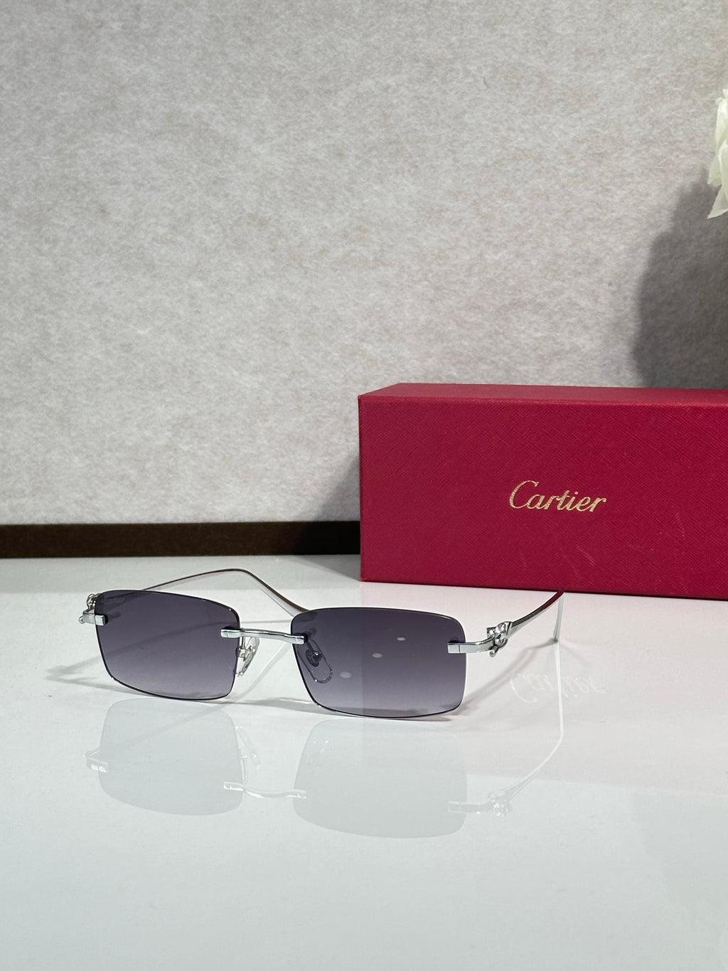 Sunglasses with dark gray lenses, metal bridge and gold-tone temple details