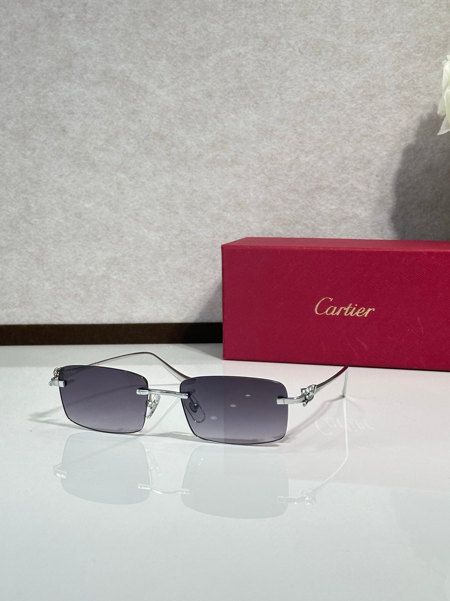 Sunglasses with dark gray lenses, metal bridge and gold-tone temple details