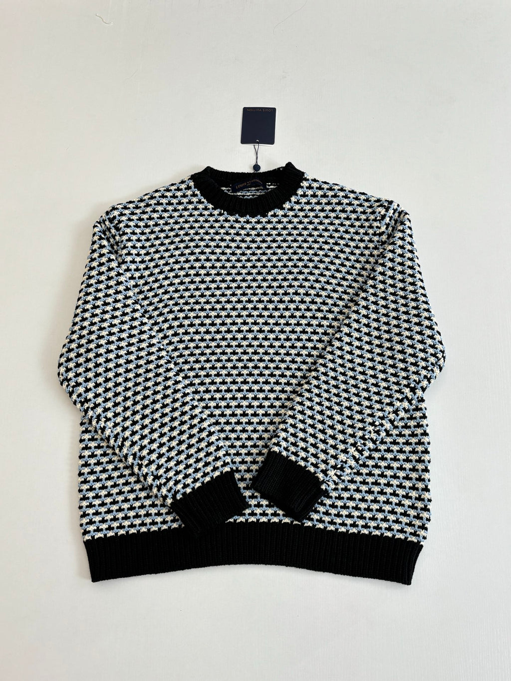 Houndstooth long-sleeve crewneck sweater, black with cream and blue micro-check