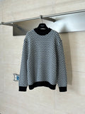Louis Vuitton houndstooth knit sweater, crewneck, black with cream/blue pattern
