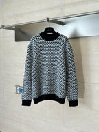 Louis Vuitton houndstooth knit sweater, crewneck, black with cream/blue pattern