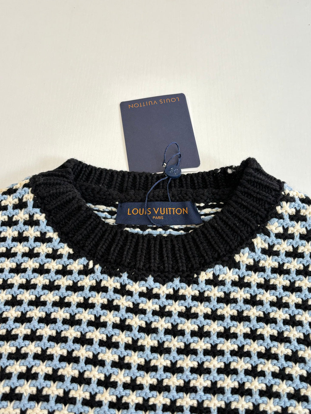 Louis Vuitton houndstooth crewneck sweater collar, black rib knit with cream/blue pattern