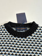 Louis Vuitton houndstooth crewneck sweater collar, black rib knit with cream/blue pattern