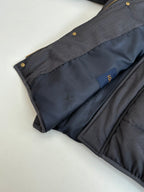 Dark navy puffer jacket hooded collar and front chest logo patch