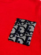 Red knit sweater with black-and-blue logo pattern patch on the chest