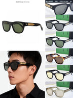 Bottega Veneta sunglasses collage showing multiple frame styles on a model