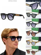 Sunglasses collage showing black, gold, and tortoiseshell frames from multiple angles