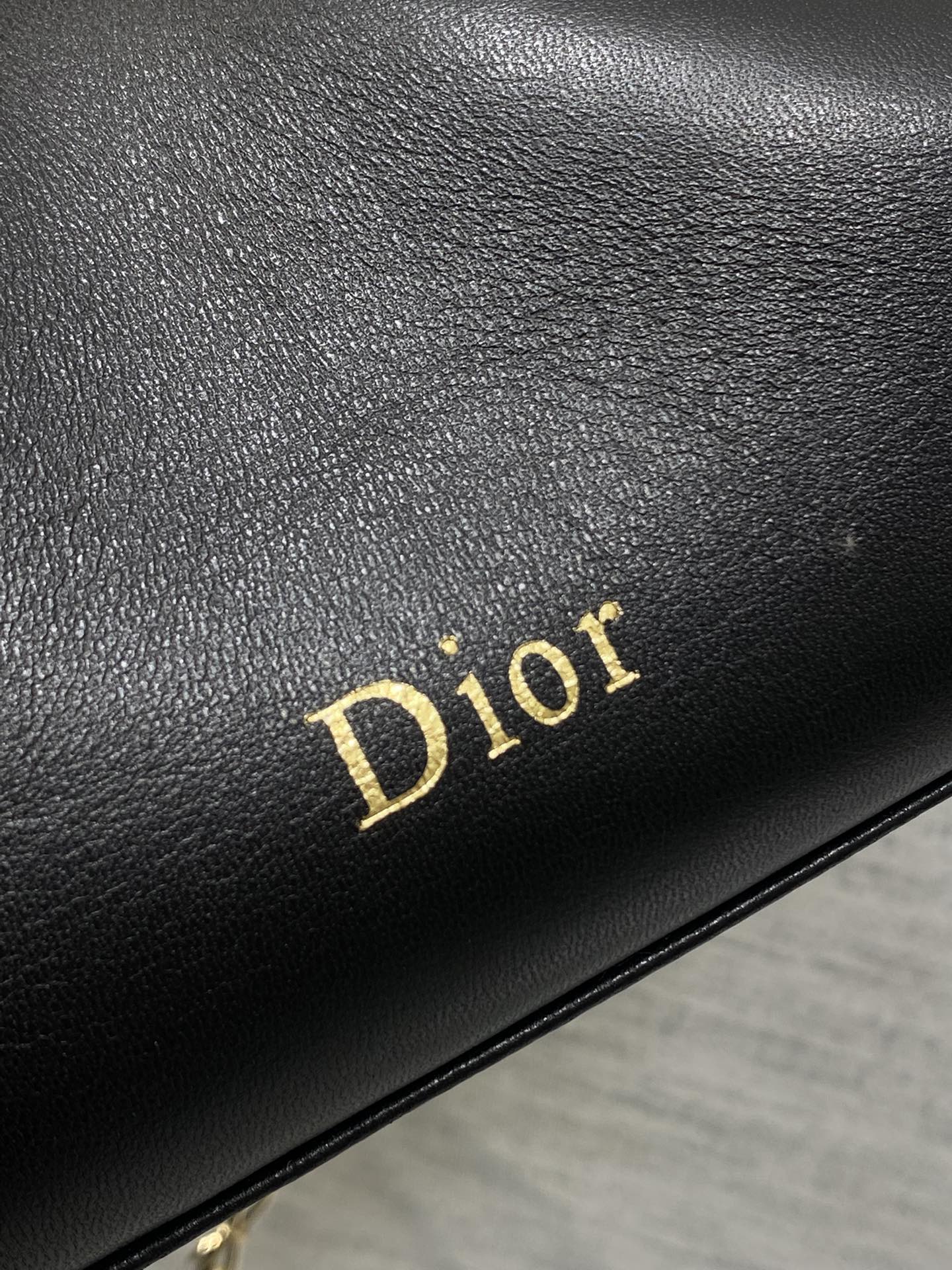 Black leather panel with gold Dior logo text