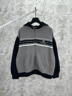 Balenciaga colorblock knit zip hoodie with hood, gray and dark navy stripes