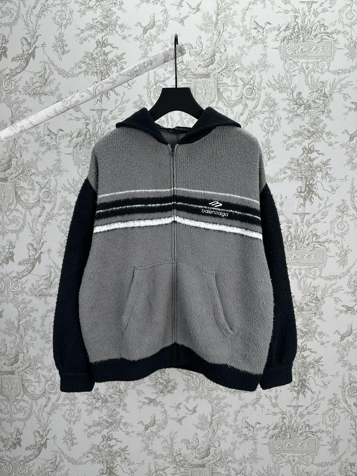 Balenciaga colorblock knit zip hoodie with hood, gray and dark navy stripes