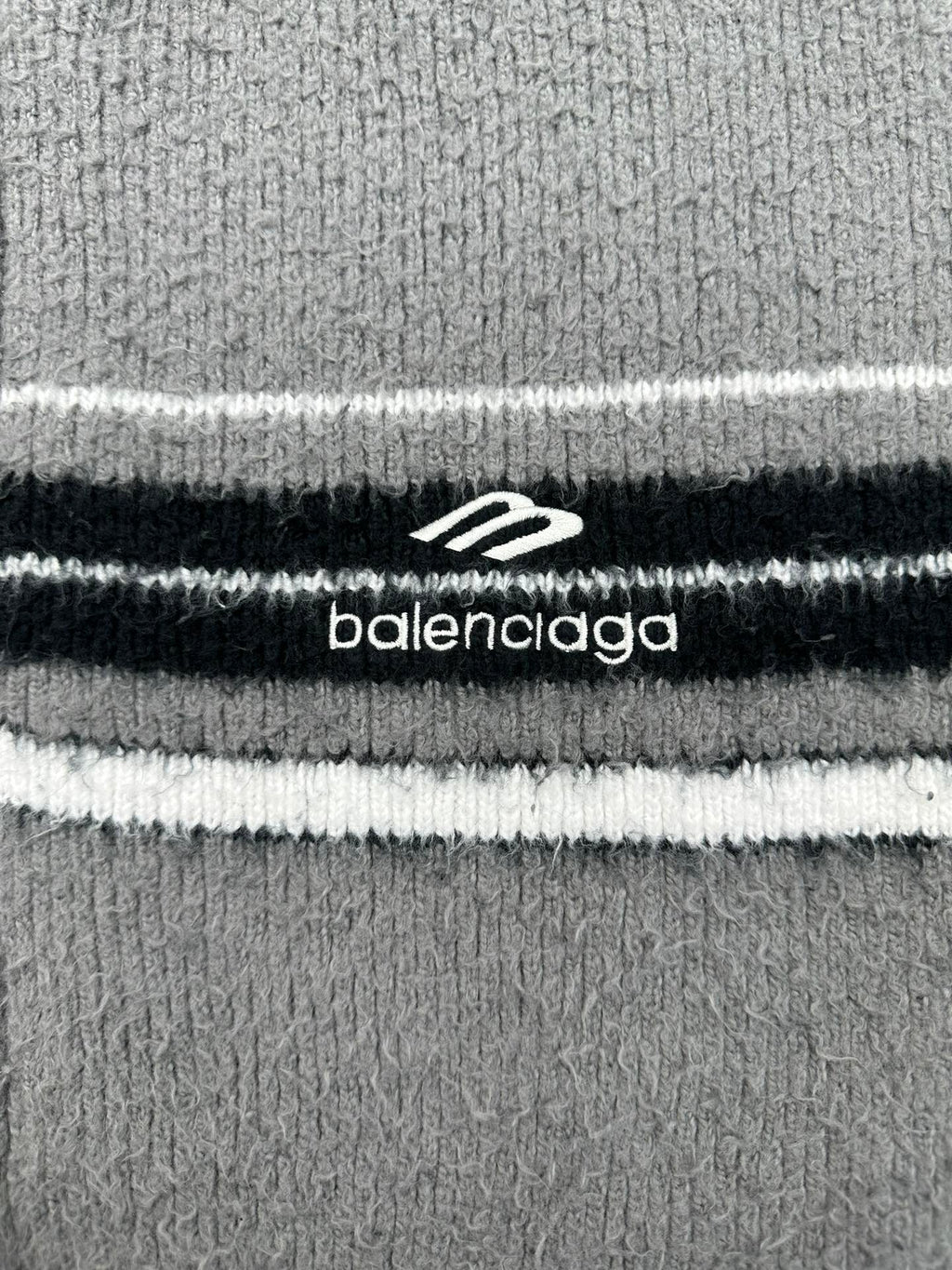 Balenciaga knit logo stripe band on gray and dark navy hoodie