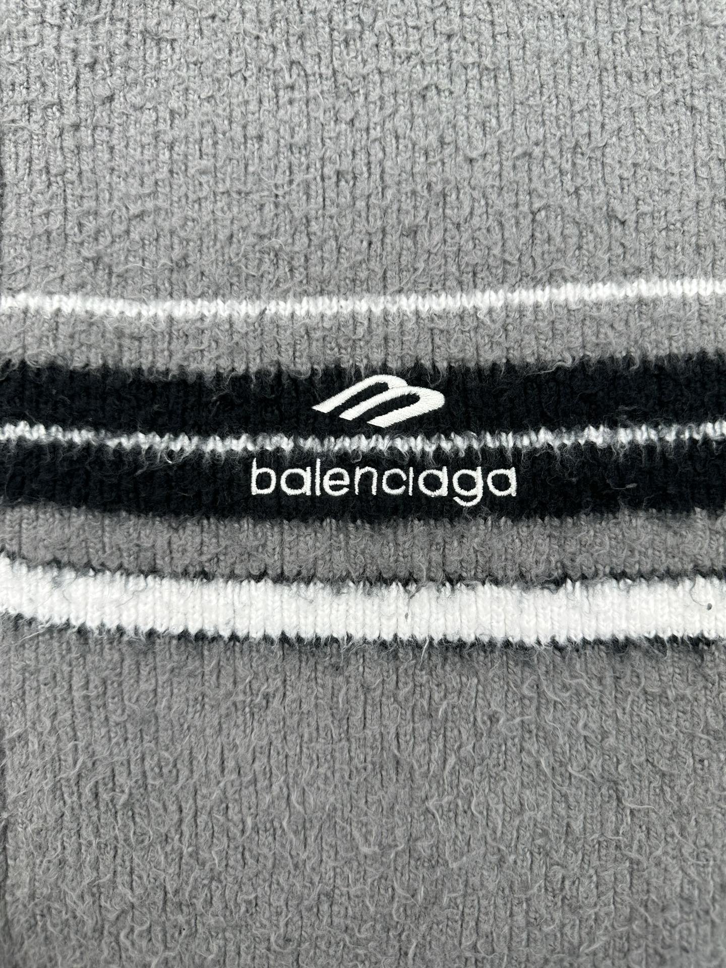 Balenciaga knit logo stripe band on gray and dark navy hoodie