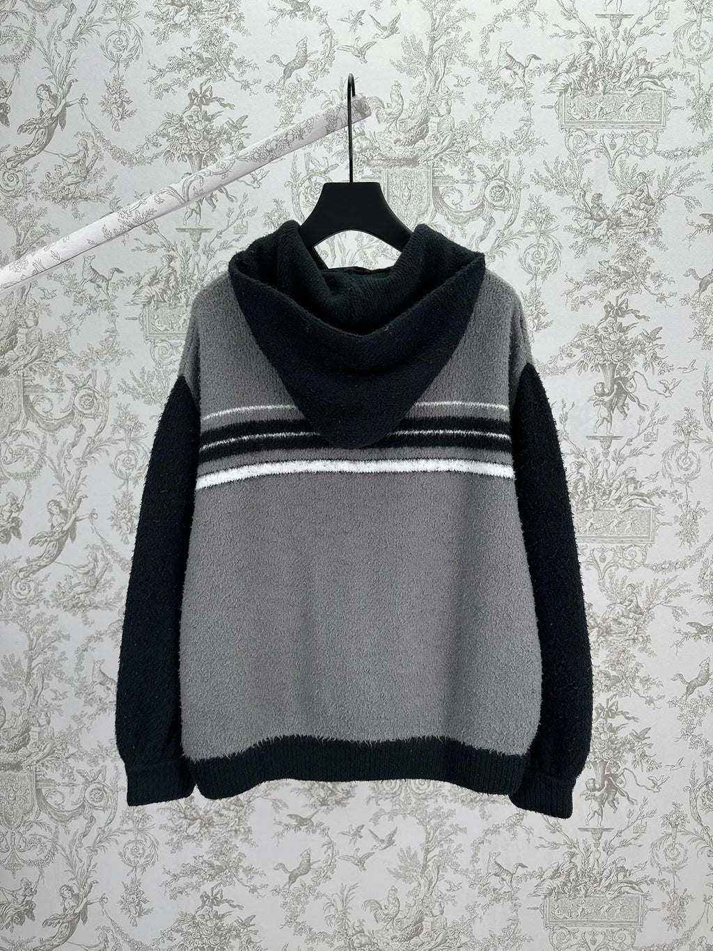 Balenciaga knit zip hoodie with hood, gray body and dark navy stripe band