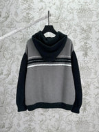 Balenciaga knit zip hoodie with hood, gray body and dark navy stripe band