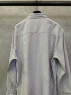 Striped long-sleeve button-up shirt back view with collar and wide yoke seam