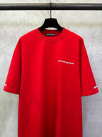 Red crewneck short-sleeve T-shirt with small chest “Chrome Hearts” logo.