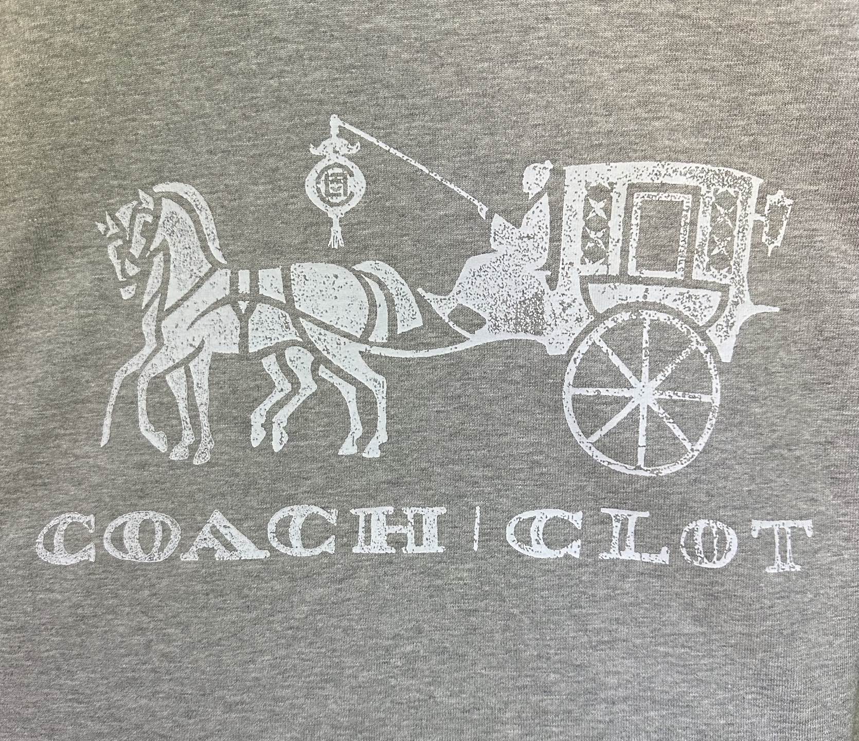 Heather gray T-shirt front close-up of white Coach carriage graphic