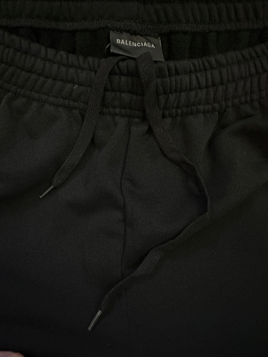 Black shorts waistband with drawstring and Balenciaga text label