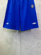Blue drawstring waist shorts with side logo marks and straight hem