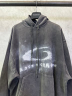 Balenciaga gray hoodie with hood, drawstring, and large distressed chest print