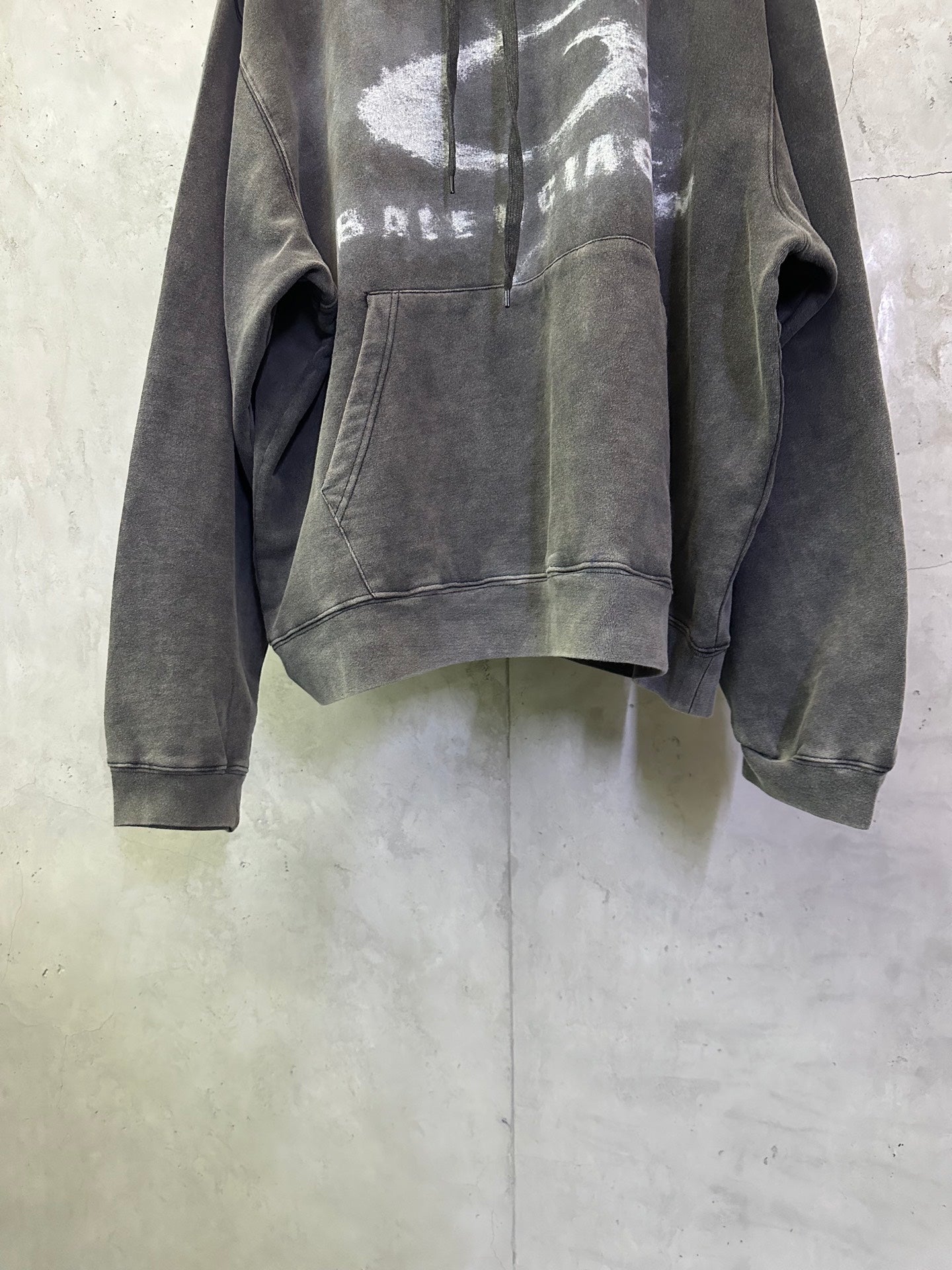 Balenciaga gray hoodie with hood and drawstring; faded front logo print