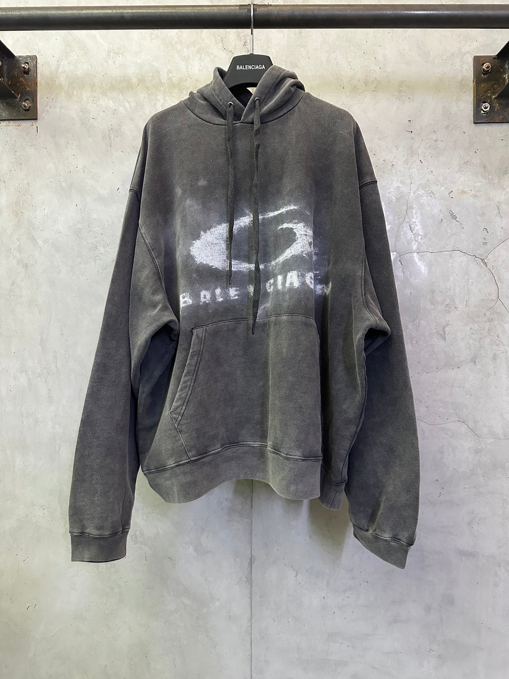 Balenciaga hooded sweatshirt in dark gray with distressed front logo print