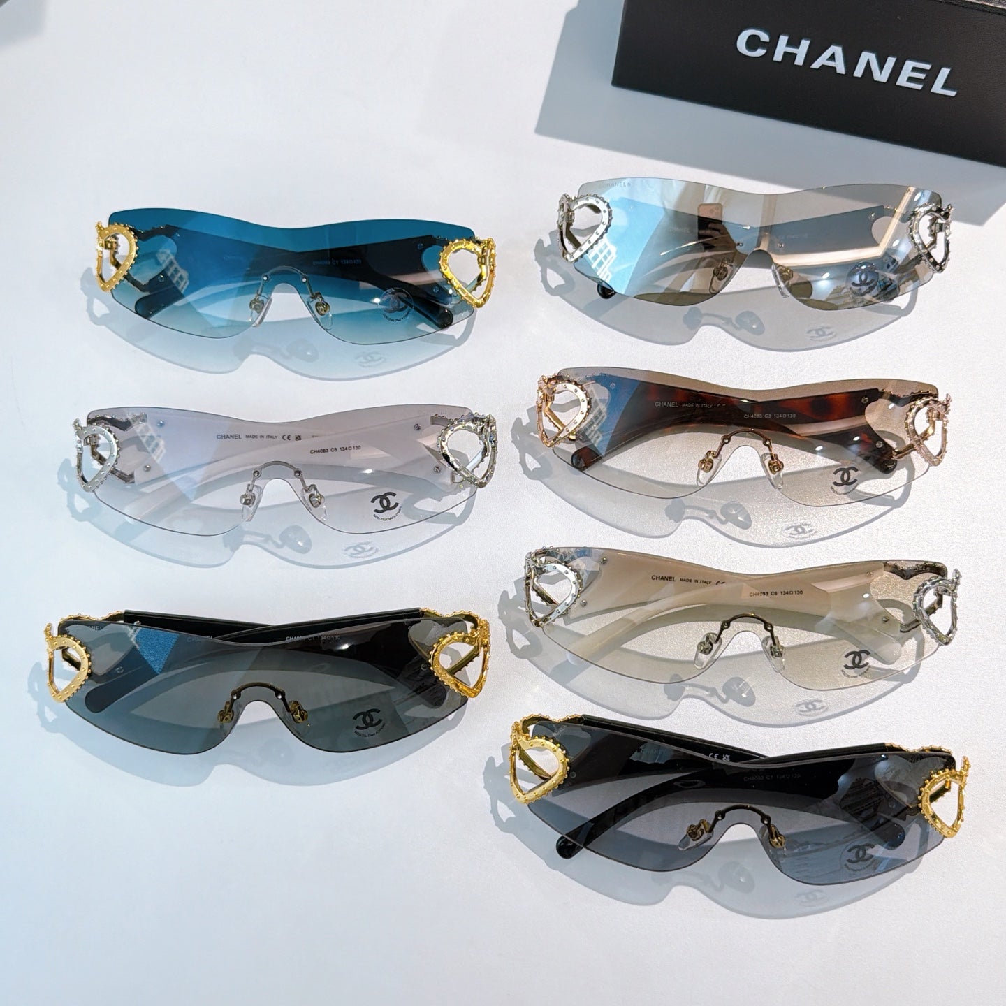 Set of six heart-accent sunglasses in blue, clear, black, and tortoiseshell frames