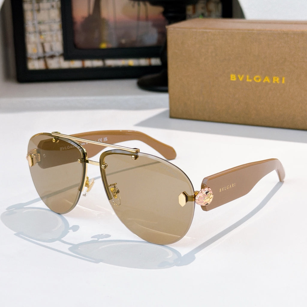 Bvlgari sunglasses with gold frame, tan lenses, gold-tone temples with small embellishment