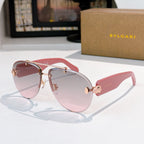 Bvlgari sunglasses with silver frame, pink gradient lenses, red temples and gold hardware