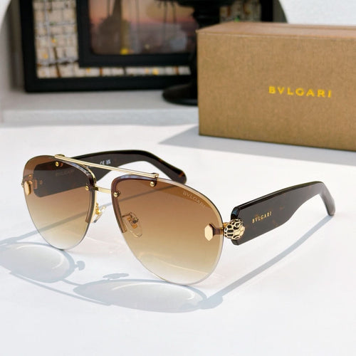 Bvlgari sunglasses with gold frame, dark brown lenses, black temples and gold hardware