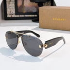 Bvlgari sunglasses with black frames and dark gray lenses, gold-tone hardware