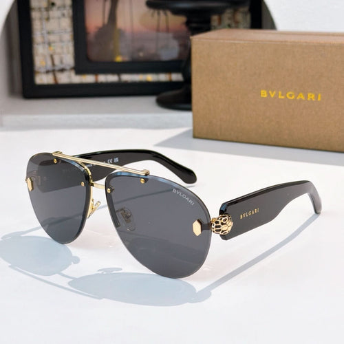 Bvlgari sunglasses with black frames and dark gray lenses, gold-tone hardware