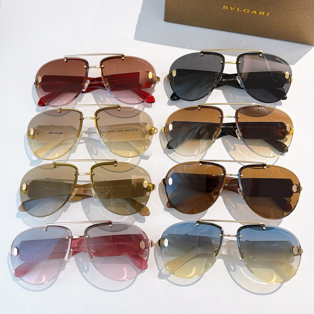 Assorted Bvlgari sunglasses display with mixed frames and tinted lenses in rows
